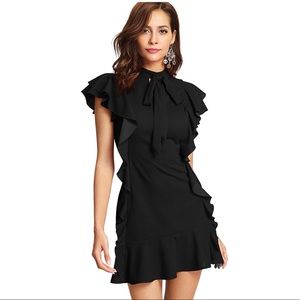 Tie Neck Short Sleeve Ruffle Cocktail Party Dress